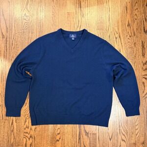 Lands' End 100% Cashmere V-Neck Sweater XL Navy Blue Solid Knit Mens Soft Warm